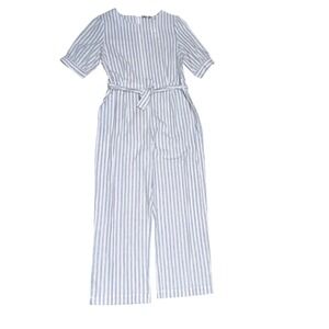 VERSONA Striped Wide Leg Jumpsuit Belted Linen Blend Short Sleeve Women XL NWT
